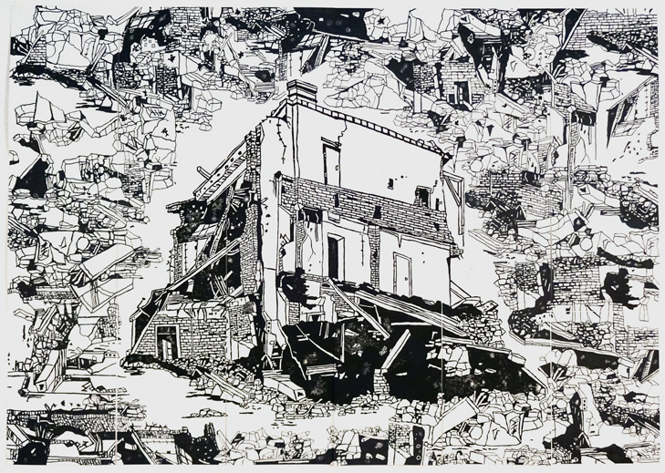 Judith Saupper: Erschaffung von Sinn und Vergangenheit (bis der Ort unwahrscheinlich wird) 2015 18teiliger Linoldruck mit Zeichnung in Filzstift auf Papier 126-x-180cm