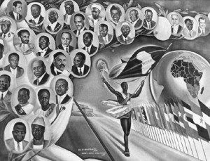 Plakat zur Gründung der Organisation für Afrikanische Einheit (OAE). Das Plakat, das in Addis Abeba während der Konferenz zu sehen war, zeigt die Porträts der 31 teilnehmenden Staats- und Regierungschefs; © dpa
