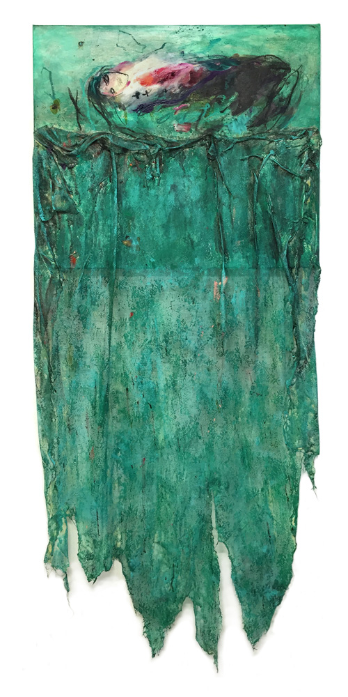 Green Girl 2015 190 x 80cm Oil, pigment, charcoal and shellac on canvas and fabric