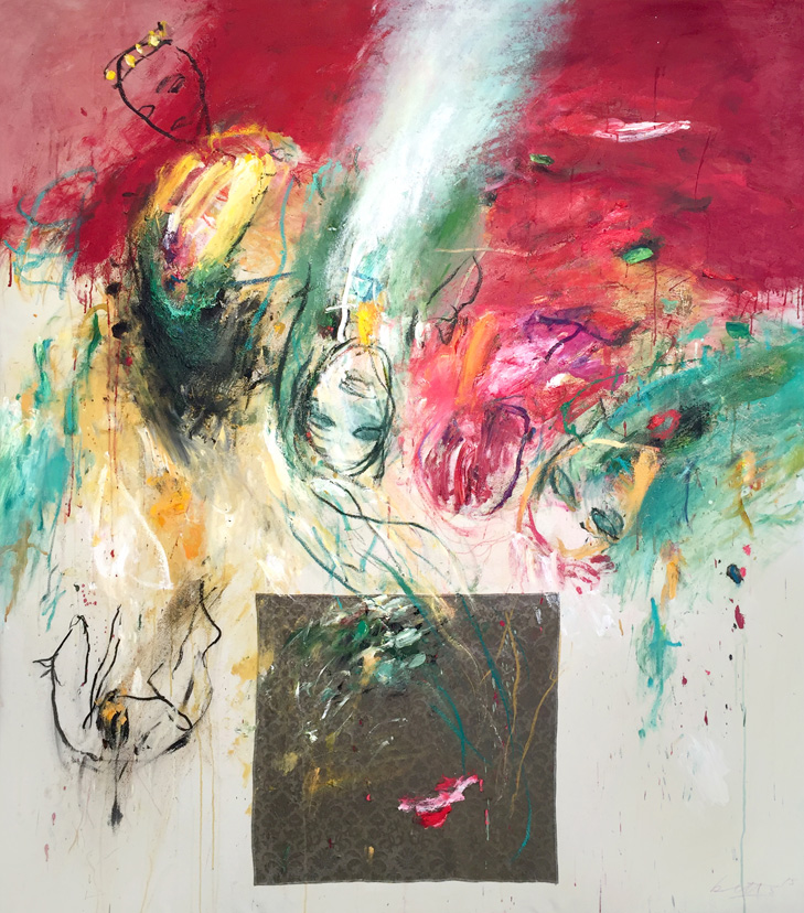 Heather Betts: Overthrown, 2015 200 x 170cm Oil, charcoal and textile on canvas 