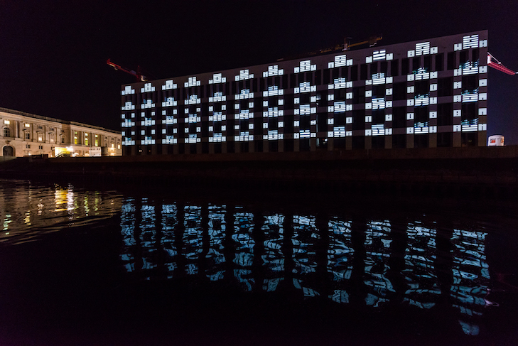 A video light projection by the artist Chan Sook Choi on the east facade of Humboldt Forum in Berlin Palace